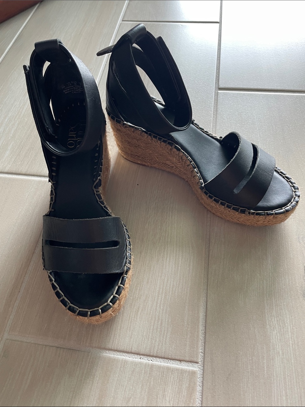 Franco Sarto Black Leather Espadrille Wedge Sandals with Ankle Strap - Picture 2 of 7